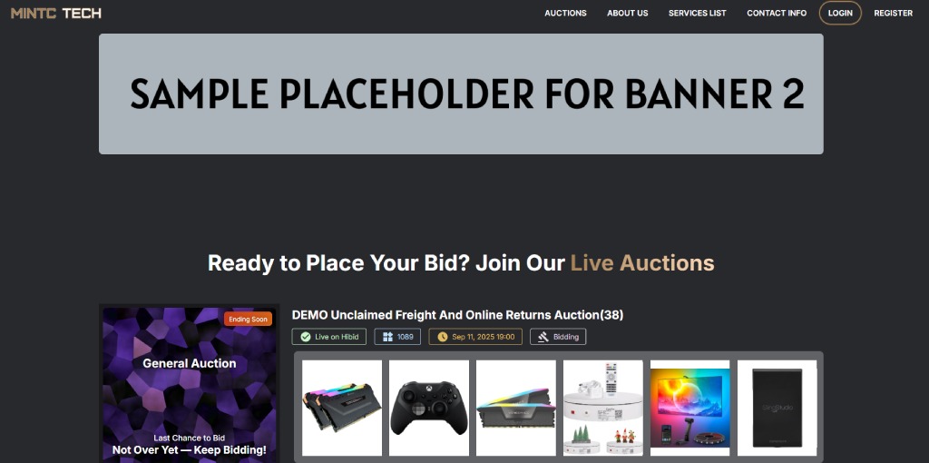 MintC Tech white-label auction website homepage