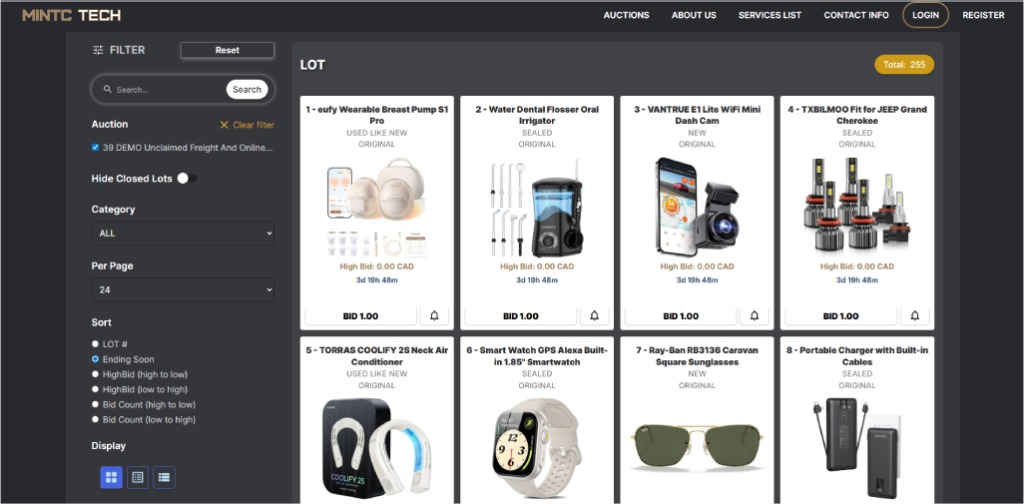 White-label auction website showcasing listed items on MintC Tech platform